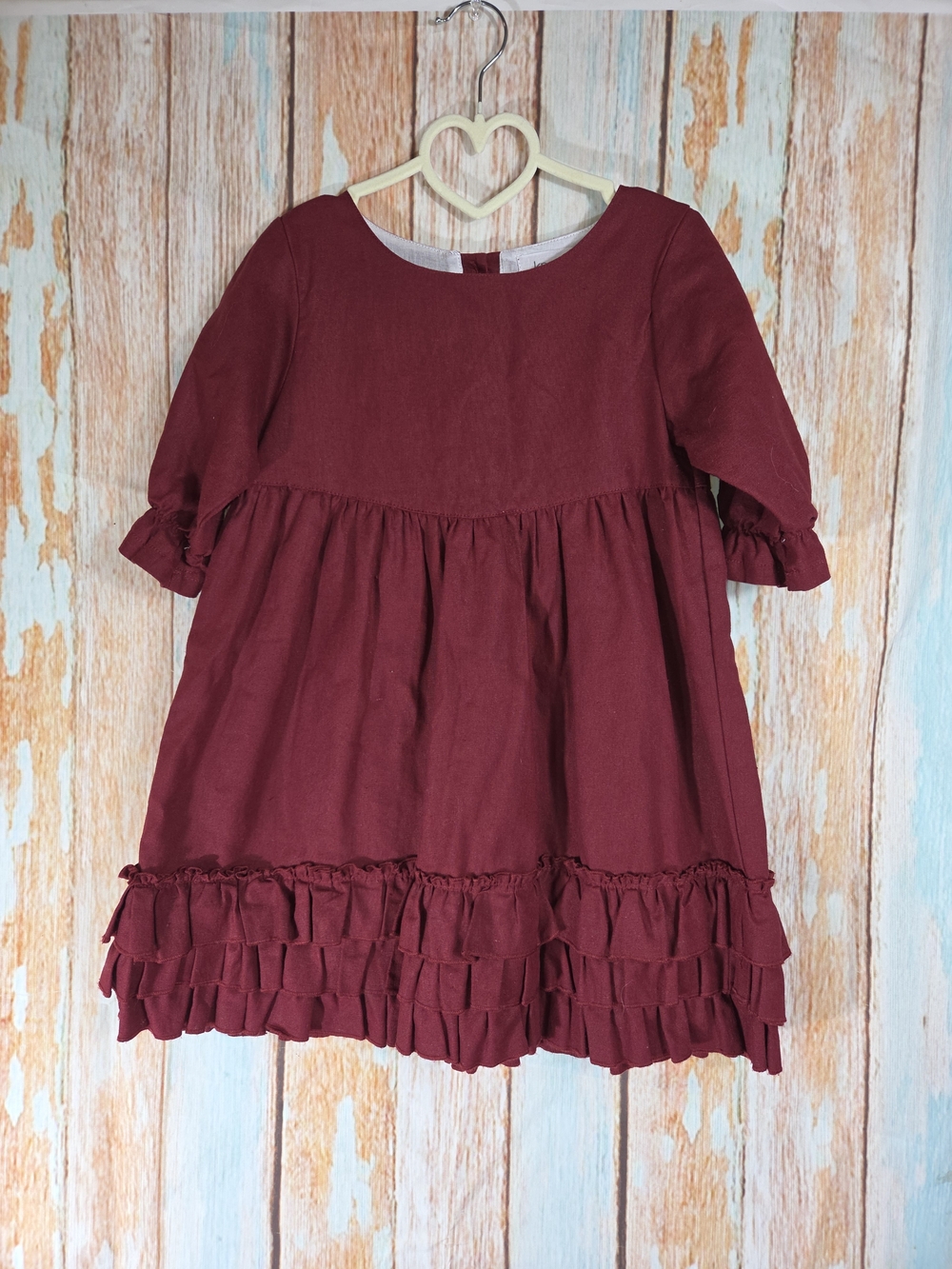 Knotted Fern Girls Burgundy Ruffle Hem Dress. Linen Blend. Size 7-8t